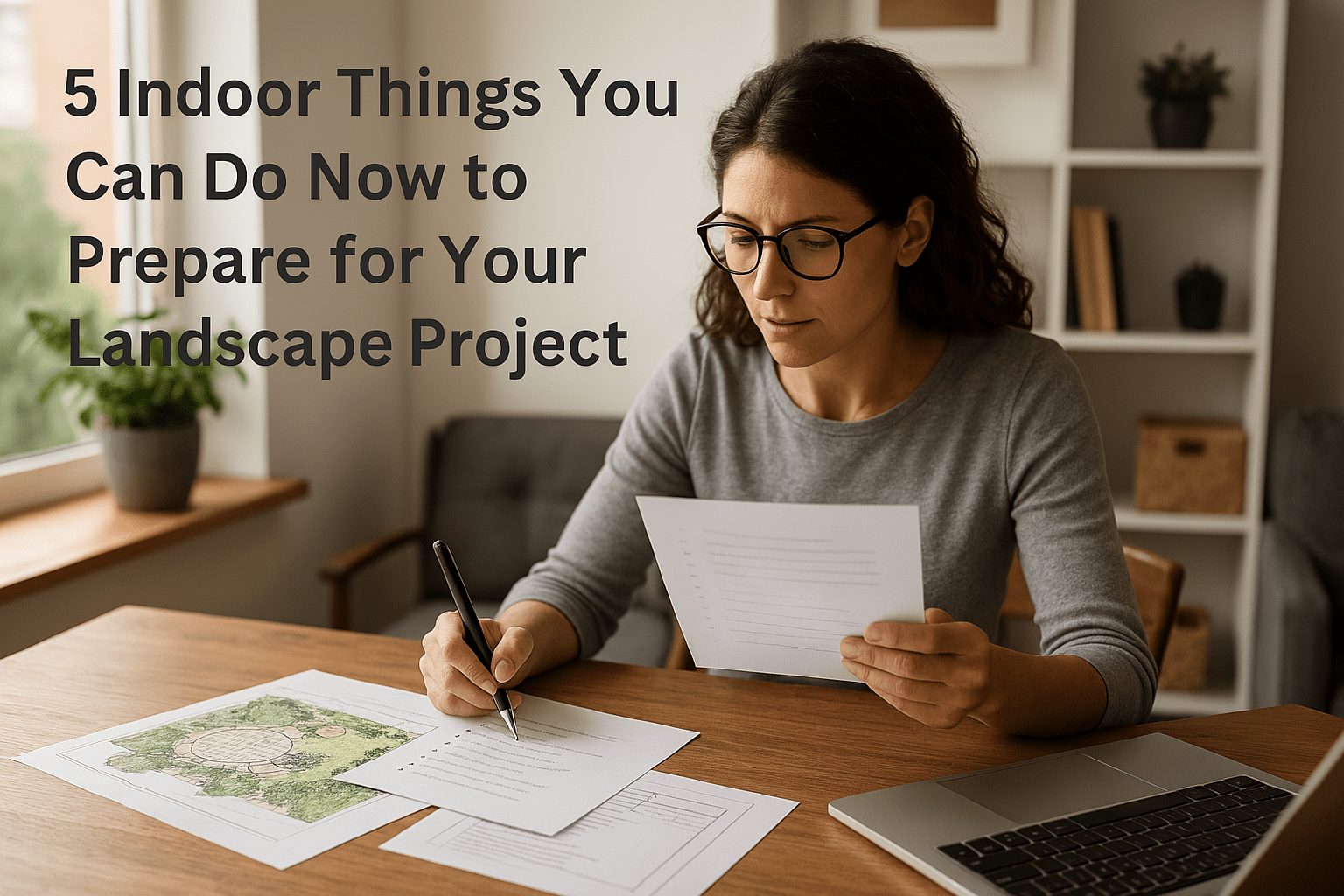 Homeowner reviewing indoor landscaping prep ideas checklist and design plans